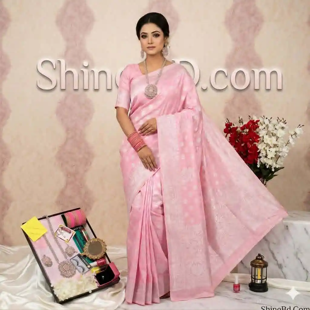 Premium Silk Katan Saree Combo Set - Light Pink