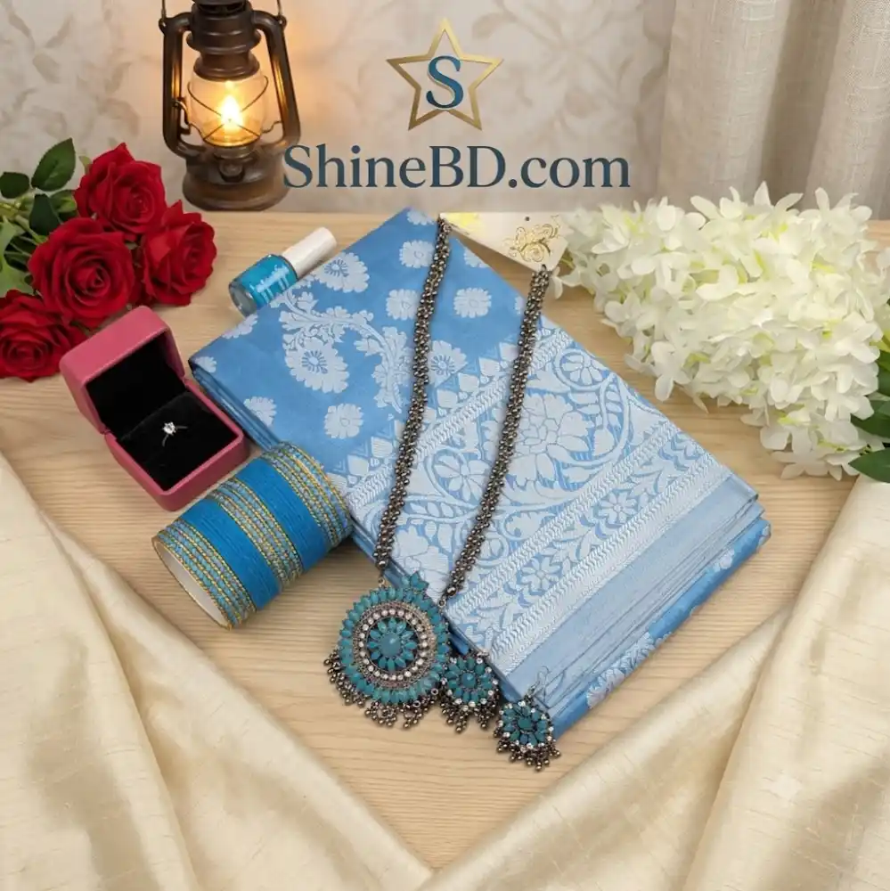 Premium Silk Katan Saree Combo Set - Sky Blue