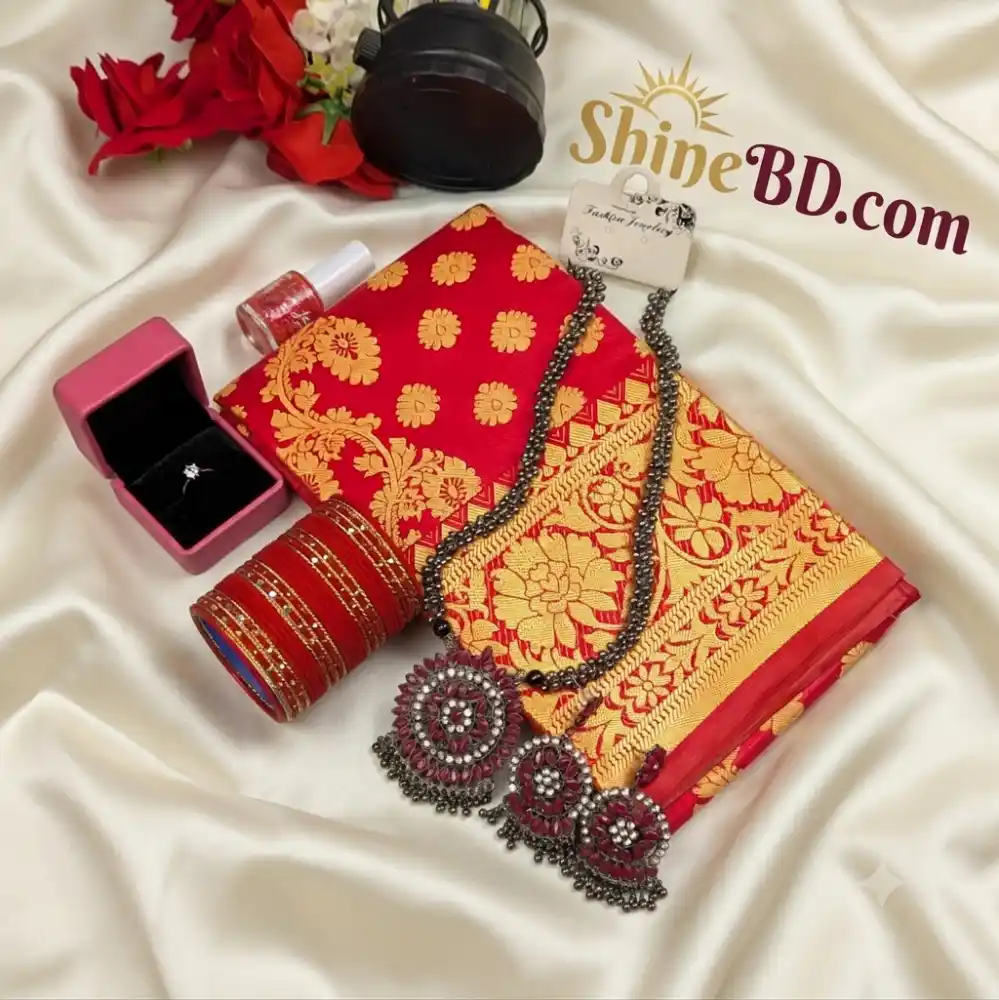 Premium Silk Katan Saree Combo Set - Red
