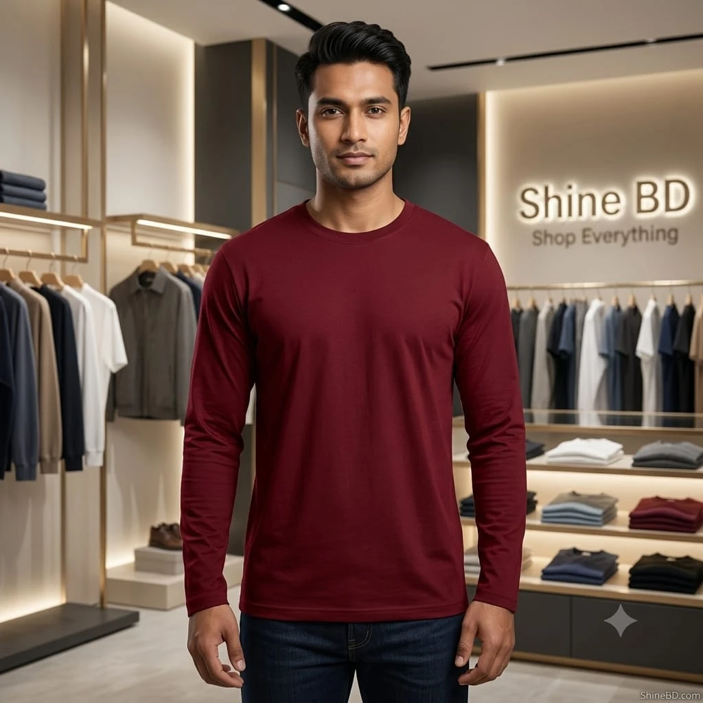 Men's Full Sleeve Solid T-Shirt- Maroon