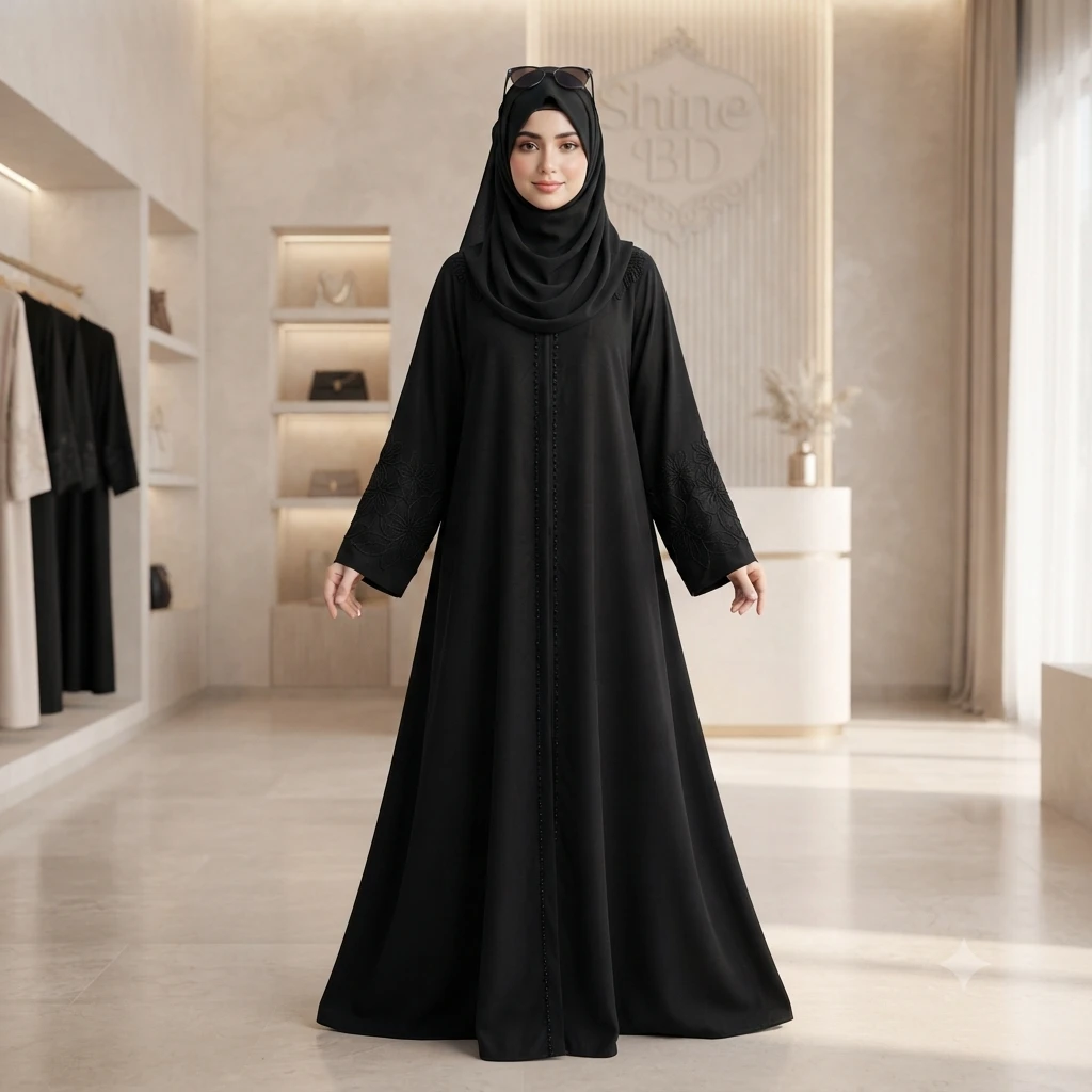 Premium Dubai Cherry Fabric: Elegant Lace Abaya Borka Black Color