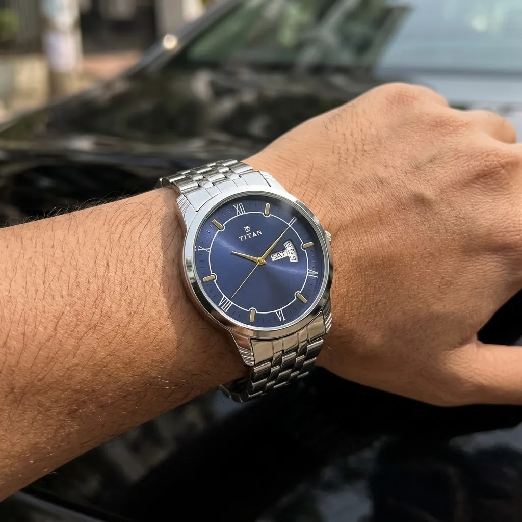 Titan (NS1774SM01) Analog with Day and Date Blue Dial Stainless Steel Strap watch for Men