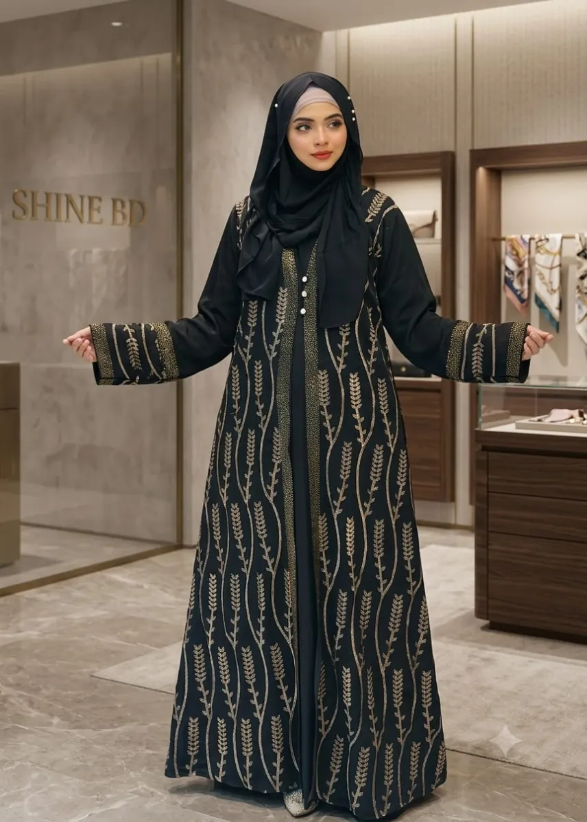 Premium 100% Original Dubai Fabric Embroidered Koti Abaya Full Set