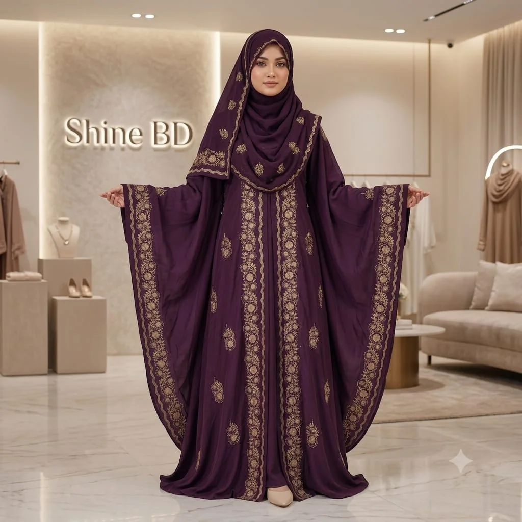 Premium Zafran Felix Luxury Abaya with Embroidery & Stone Work | Matching Hijab & Adjustable Inner | Modest Fashion Plum