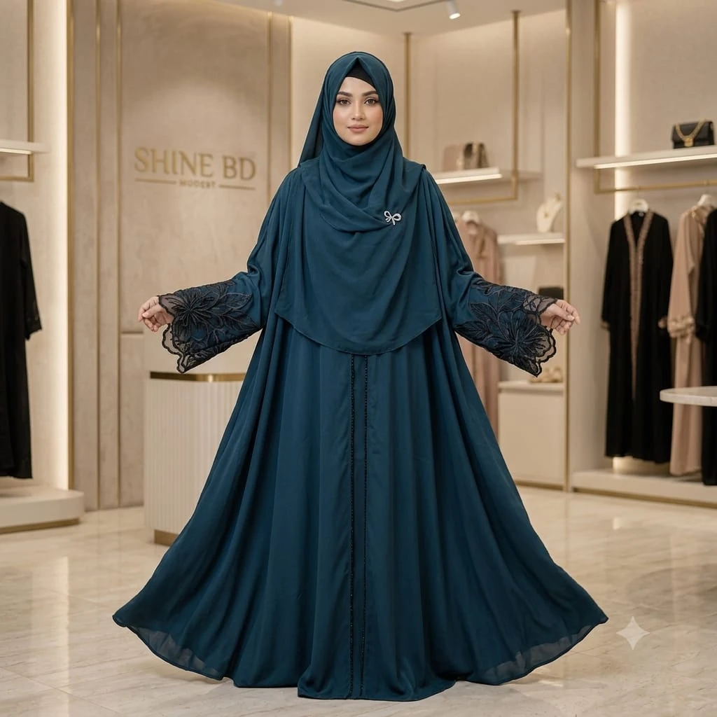 Premium Dubai Cherry Fabric: Elegant Lace Abaya Borka Teal Color