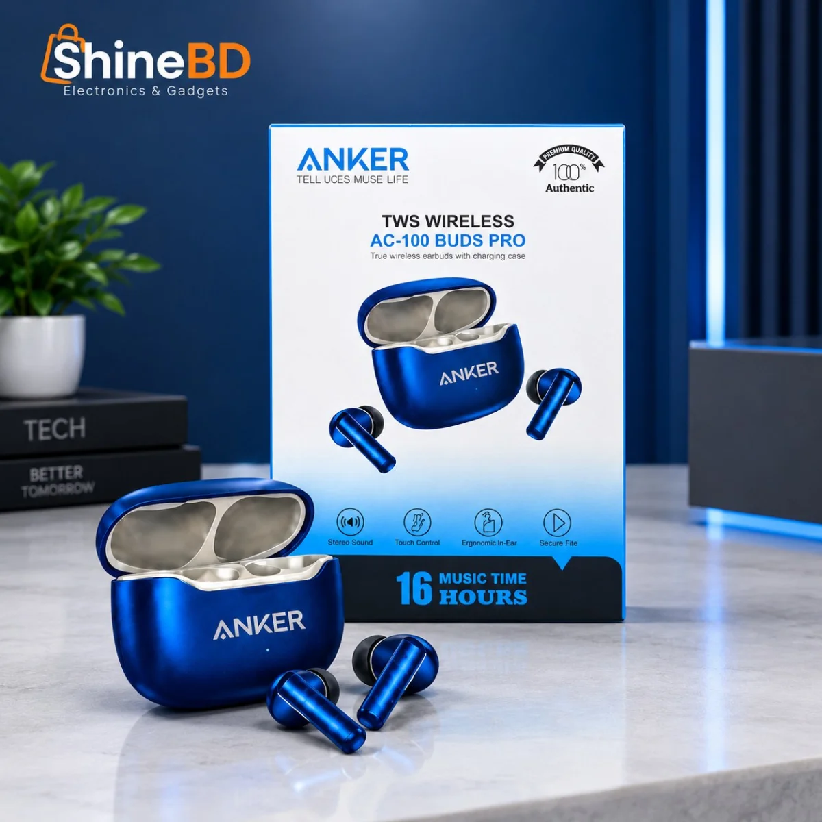 Anker TWS Wireless AC-100 Buds Pro – Hi-Res Audio Certified True Wireless Earbuds with ENC Noise Cancelling Mic, 40mm Drivers, 7H Playtime & 300mAh Case