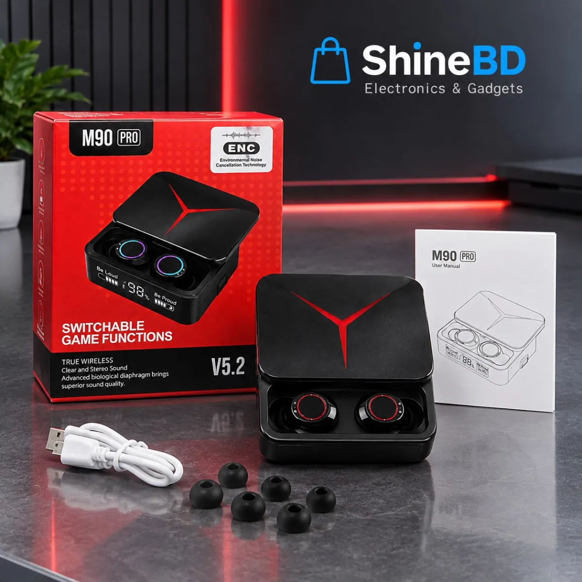 M90 Pro TWS True Wireless Earbuds – Bluetooth 5.3 Earphones with HiFi Stereo Bass, ENC Noise Cancellation & 1200mAh Power Bank Charging Case