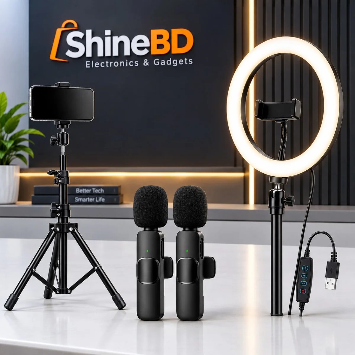 6 Ft Tripod Stand, 10" LED Ring Light & K9 Wireless Microphone Combo – Professional Content Creation Kit with Ultra-Low Latency, 20m Range & Adjustable Light Stand