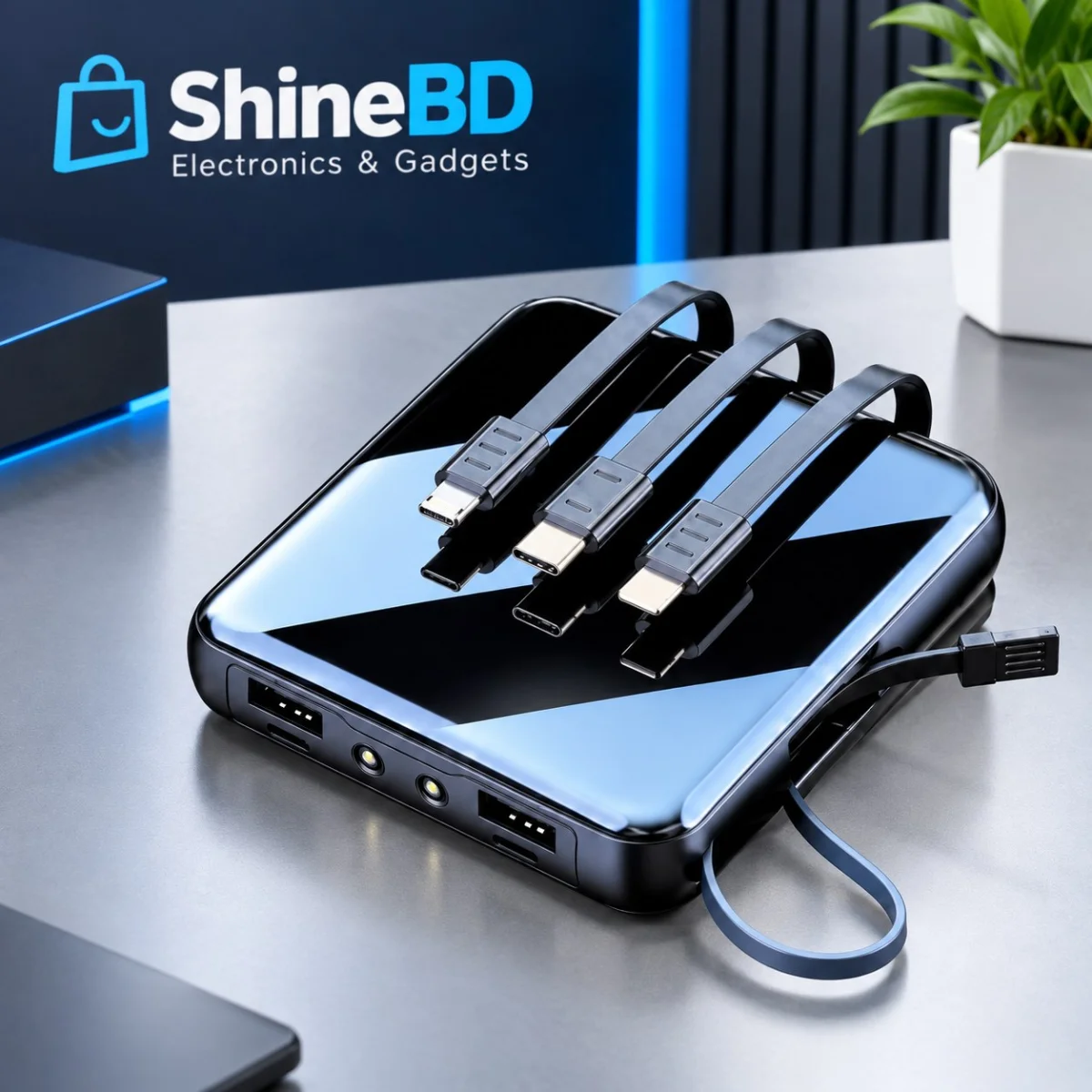 Smart 10000mAh Fast Charging Power Bank – Portable TWS & Phone Charger with Built-in Micro, Type-C, Lightning & USB Cables
