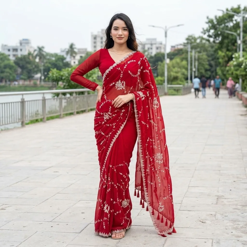Chinigura Georgette Sequences Embroidery Sharee