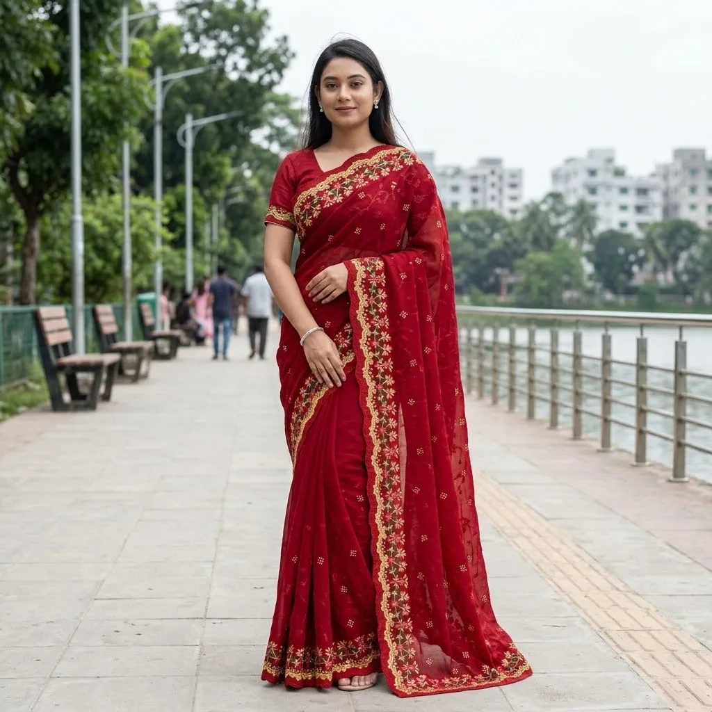 ইন্ডিয়ান জর্জেট শাড়ি ব্লাউজ পিস সহ
