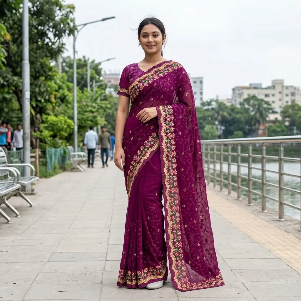 ইন্ডিয়ান জর্জেট শাড়ি ব্লাউজ পিস সহ