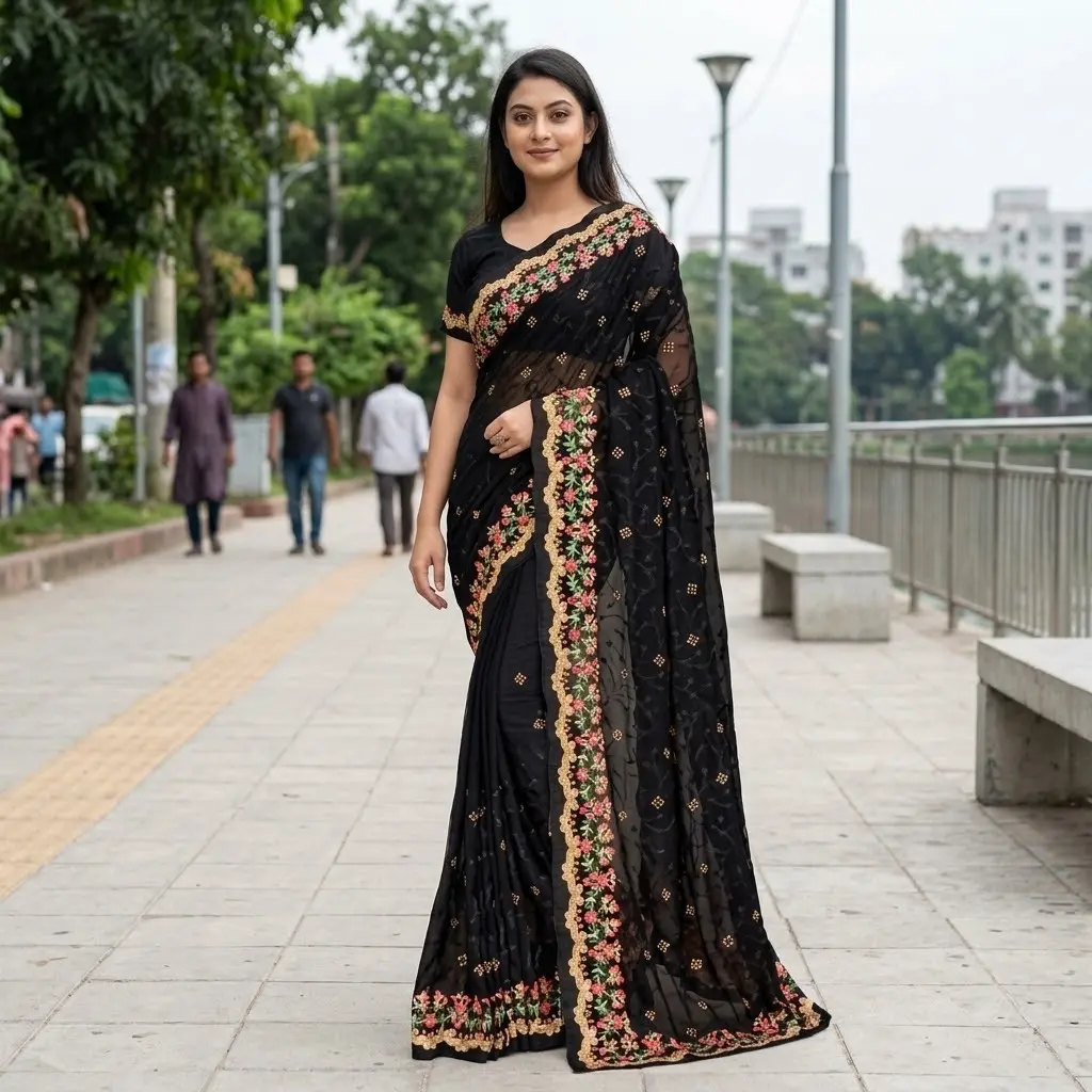 ইন্ডিয়ান জর্জেট শাড়ি ব্লাউজ পিস সহ