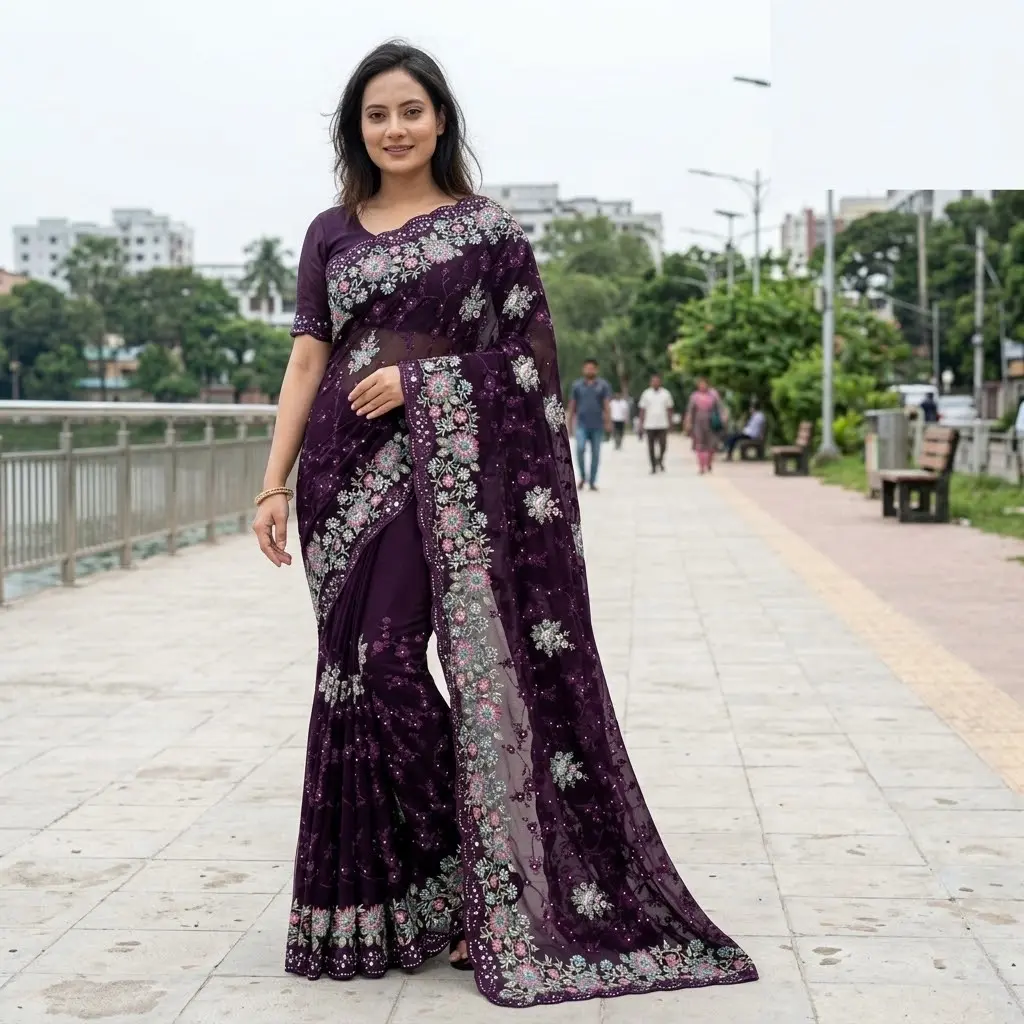 ইন্ডিয়ান জর্জেট শাড়ি ব্লাউজ পিস সহ