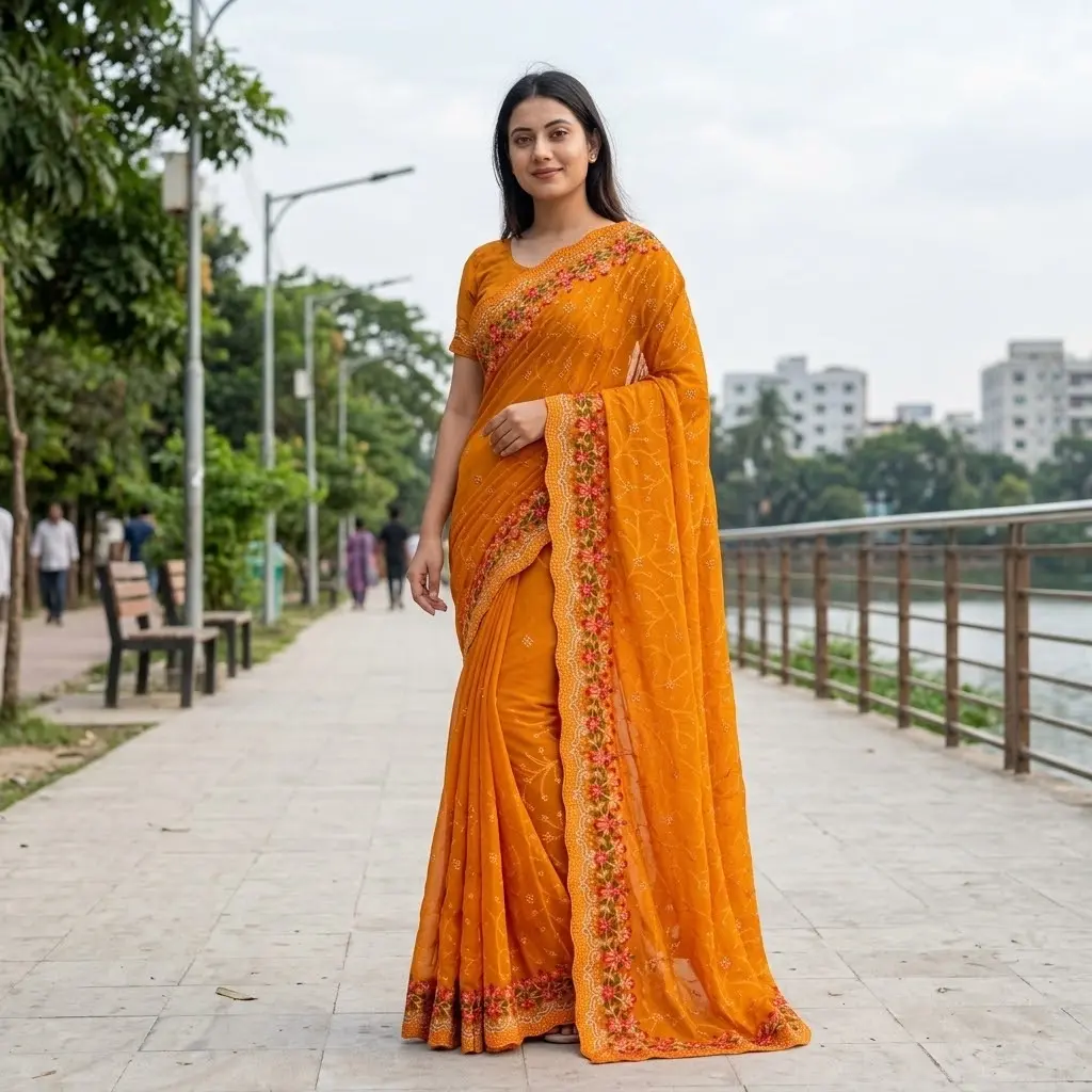 ইন্ডিয়ান জর্জেট শাড়ি ব্লাউজ পিস সহ