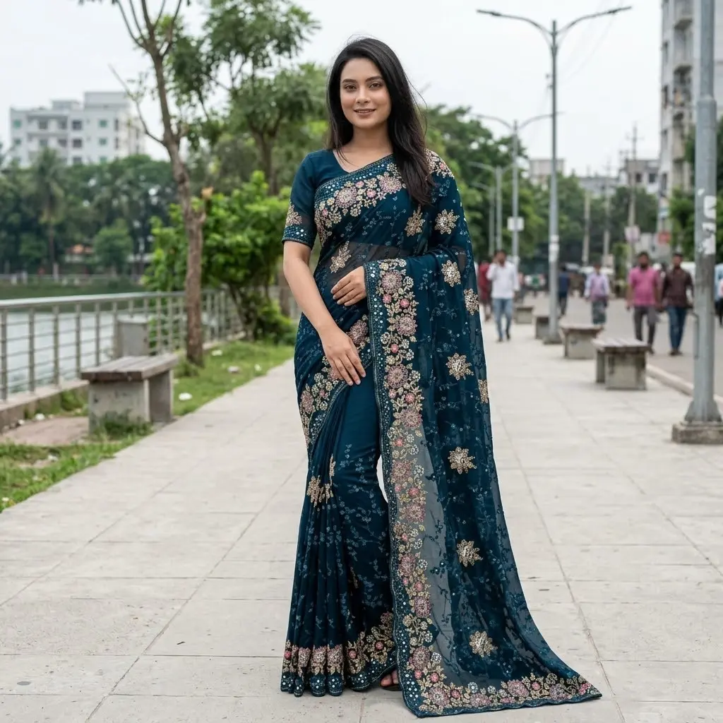 ইন্ডিয়ান জর্জেট শাড়ি ব্লাউজ পিস সহ