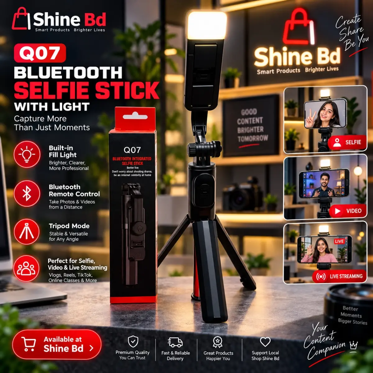Q07 Bluetooth Selfie Stick with Light and Bluetooth Remote Control. Q07 Bluetooth Selfie Stick with Light and Bluetooth Remote Control