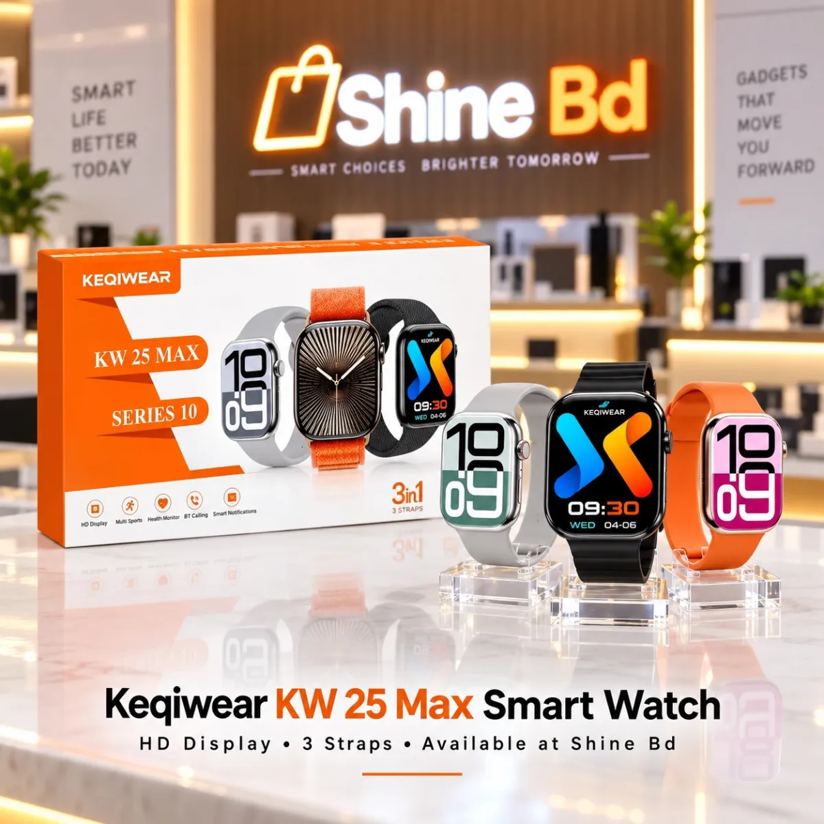 Keqiwear Kw 25 Max Smart Watch With Hd Display And 3 Straps