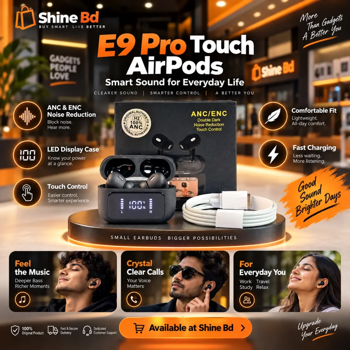 E9 Pro Touch AirPods with LED Display (ANC & ENC Supported)