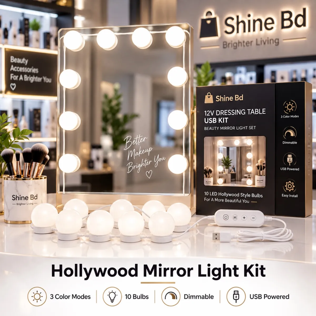 12v dressing table usb kit beauty mirror light 3 color 10 bulb dimming makeup lamp led hollywood fill cosmetic light