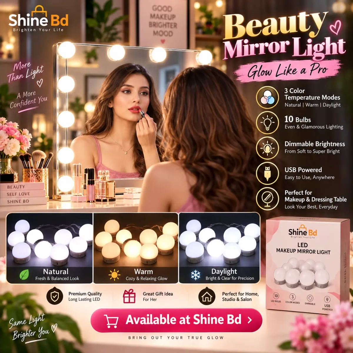 12v dressing table usb kit beauty mirror light 3 color 10 bulb dimming makeup lamp led hollywood fill cosmetic light