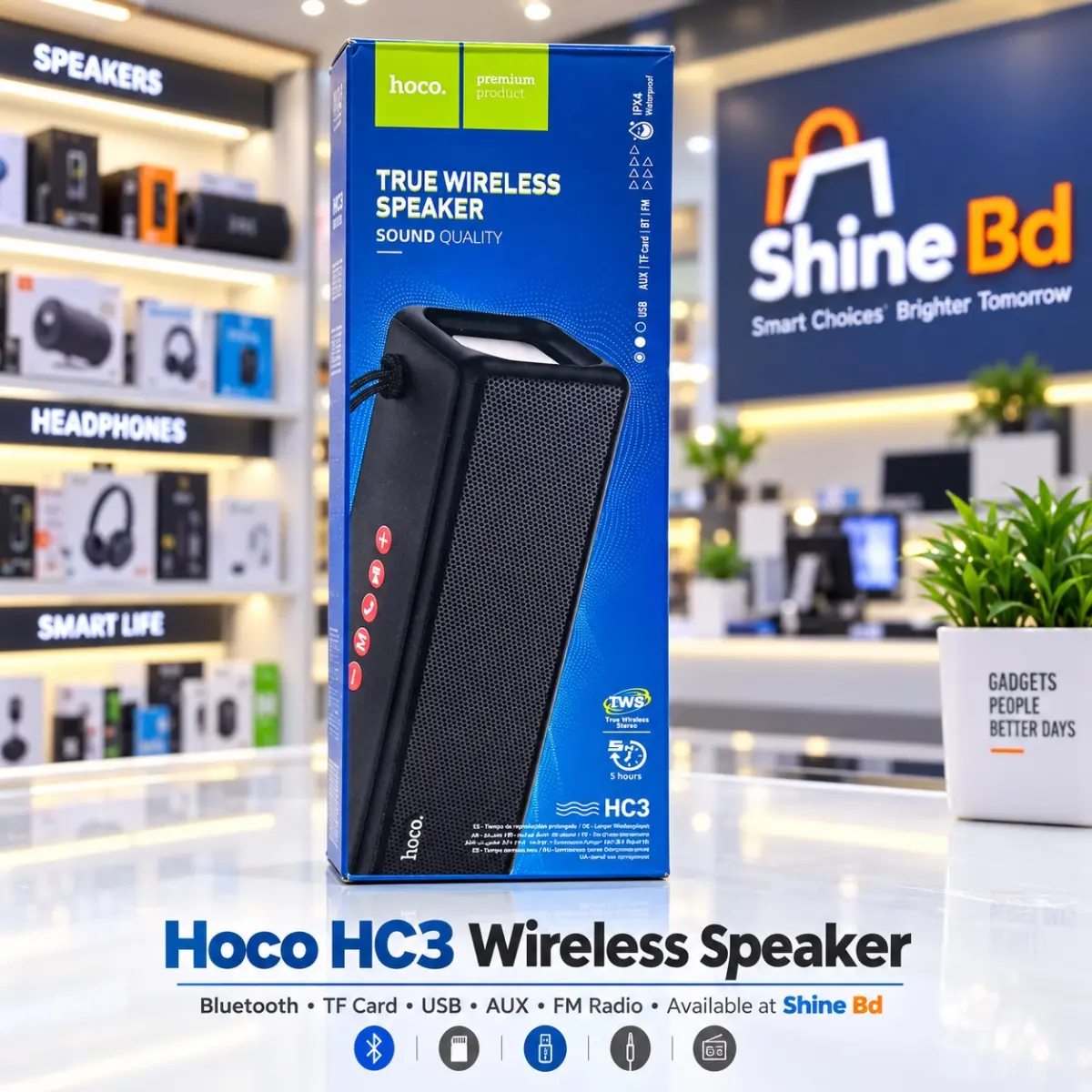 Hoco HC3 Bluetooth, TF Card, USB, AUX & FM Radio Supported True Wireless LED Flashing IPX4 Waterproof Speaker