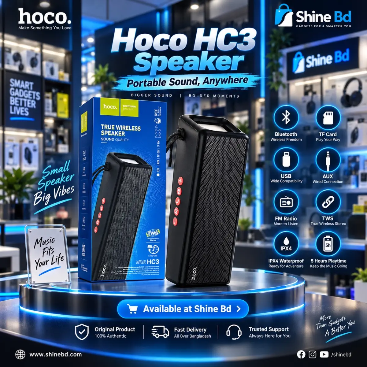 Hoco HC3 Bluetooth, TF Card, USB, AUX & FM Radio Supported True Wireless LED Flashing IPX4 Waterproof Speaker
