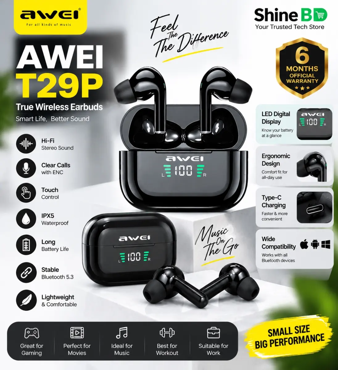 Awei T29P Wireless Bluetooth Earphones TWS