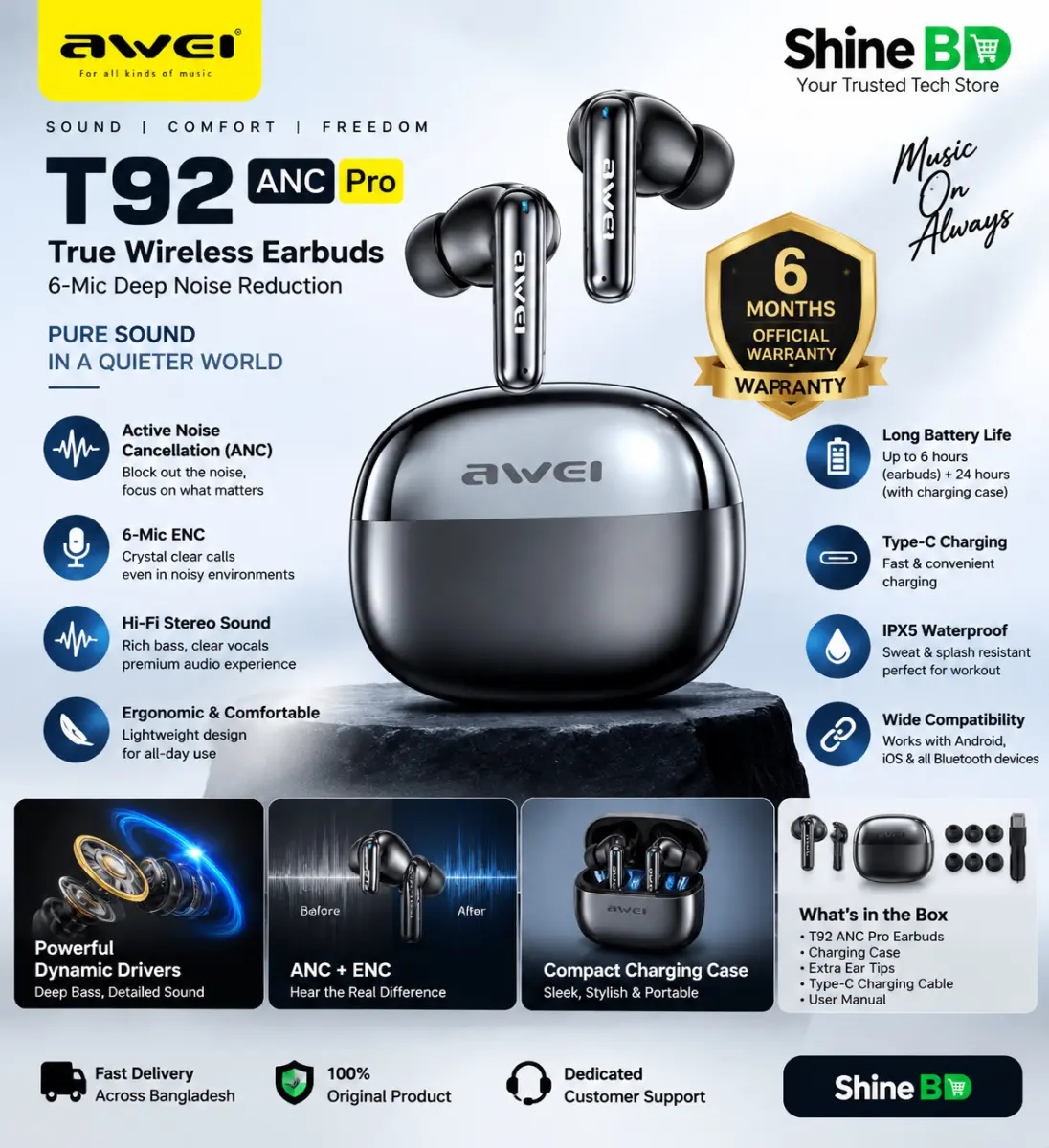 Awei T92 Anc Pro 6-mic Deep Noise Reduction Wireless Earbuds