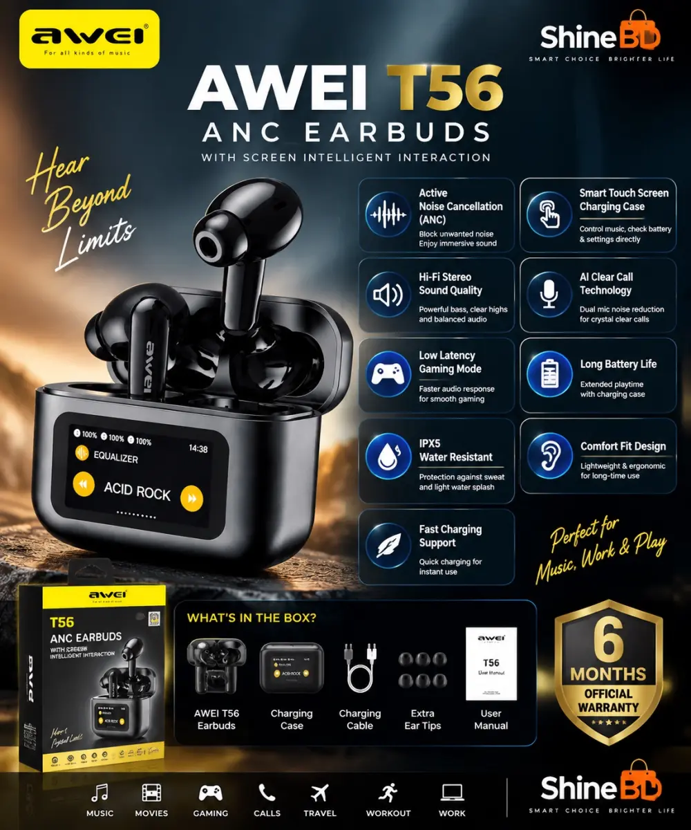 AWEI T56 ANC Earbuds With Screen Intelligent Interaction ( 6-Month Official Warranty)