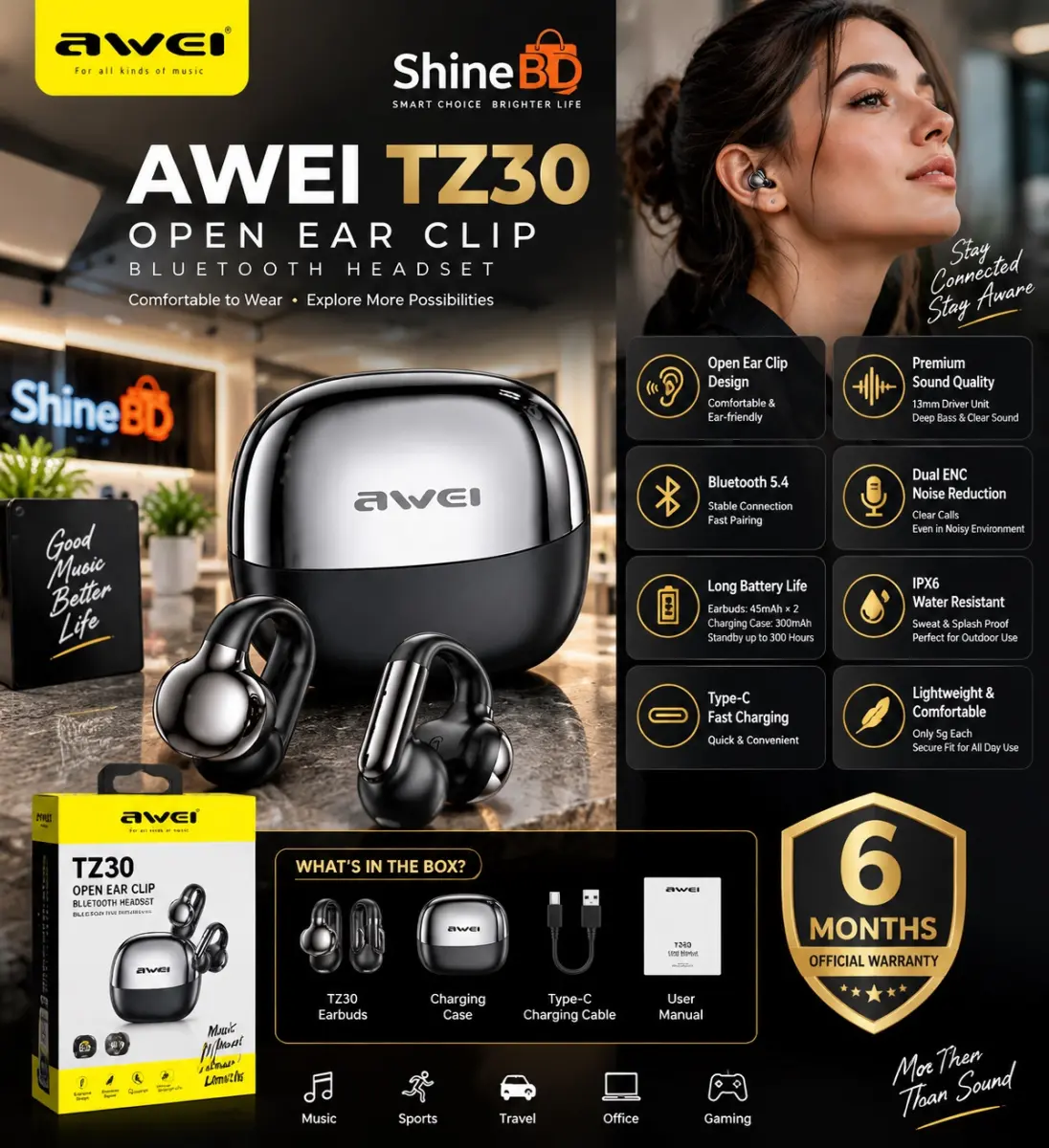 AWEI TZ30 Open Ear Clip Bluetooth Headset ( 6-Month Official Warranty)