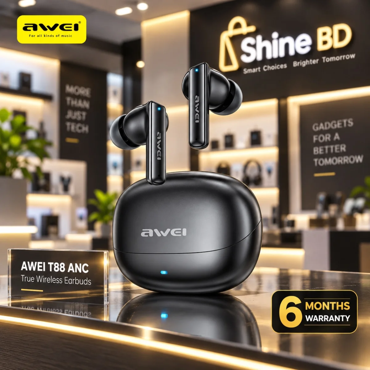 AWEI T88 ANC (Special Addition) Earbuds With Deep Noise Reduction, -35dB ANC High Definition Sound Quaily. ( 6-Month Official Warranty)
