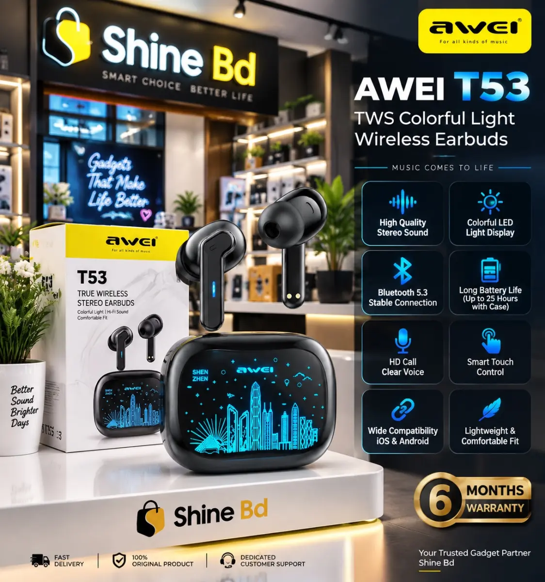 Awei T53 TWS Colorful Light Wireless Earbuds