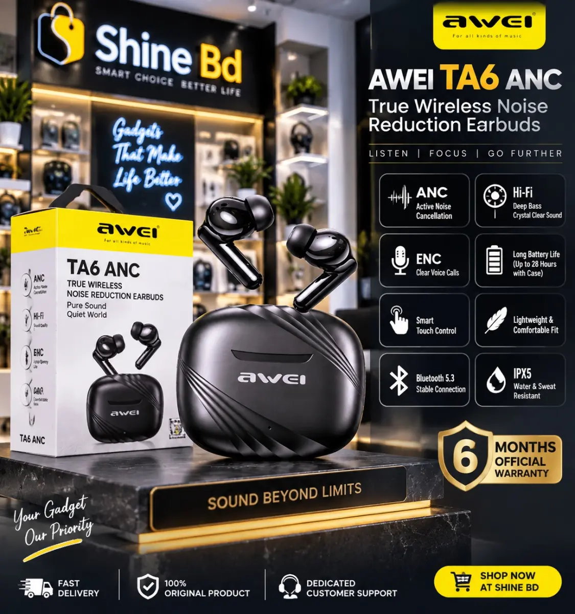 Awei TA6 ANC True Wireless Noise Reduction Earbuds ( 6-Month Official Warranty)