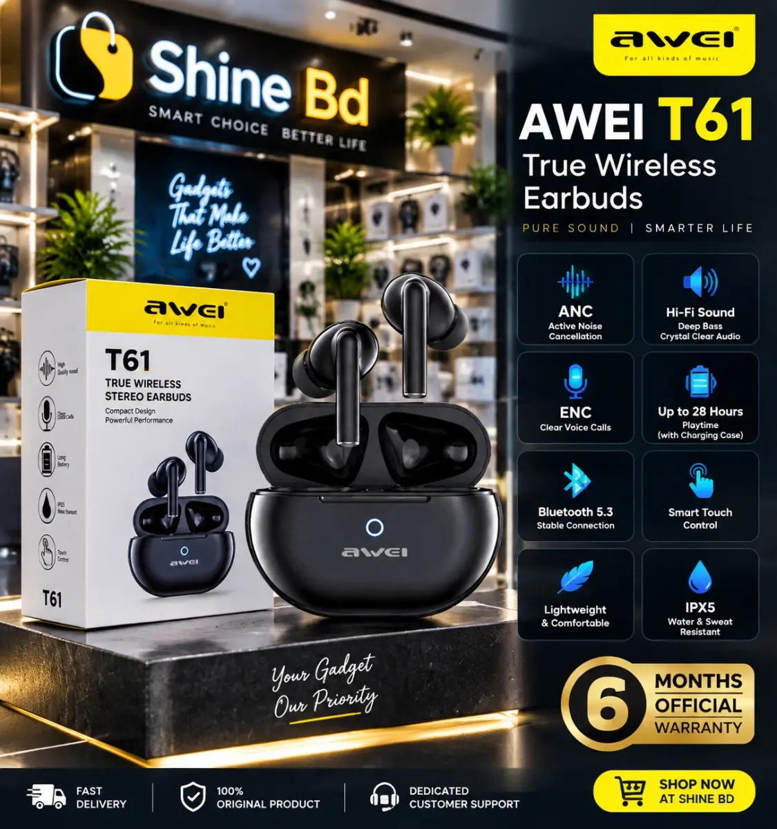 Awei T61 TWS Earphones Noice Reduction Double Mic ENC ( 6-Month Official Warranty )