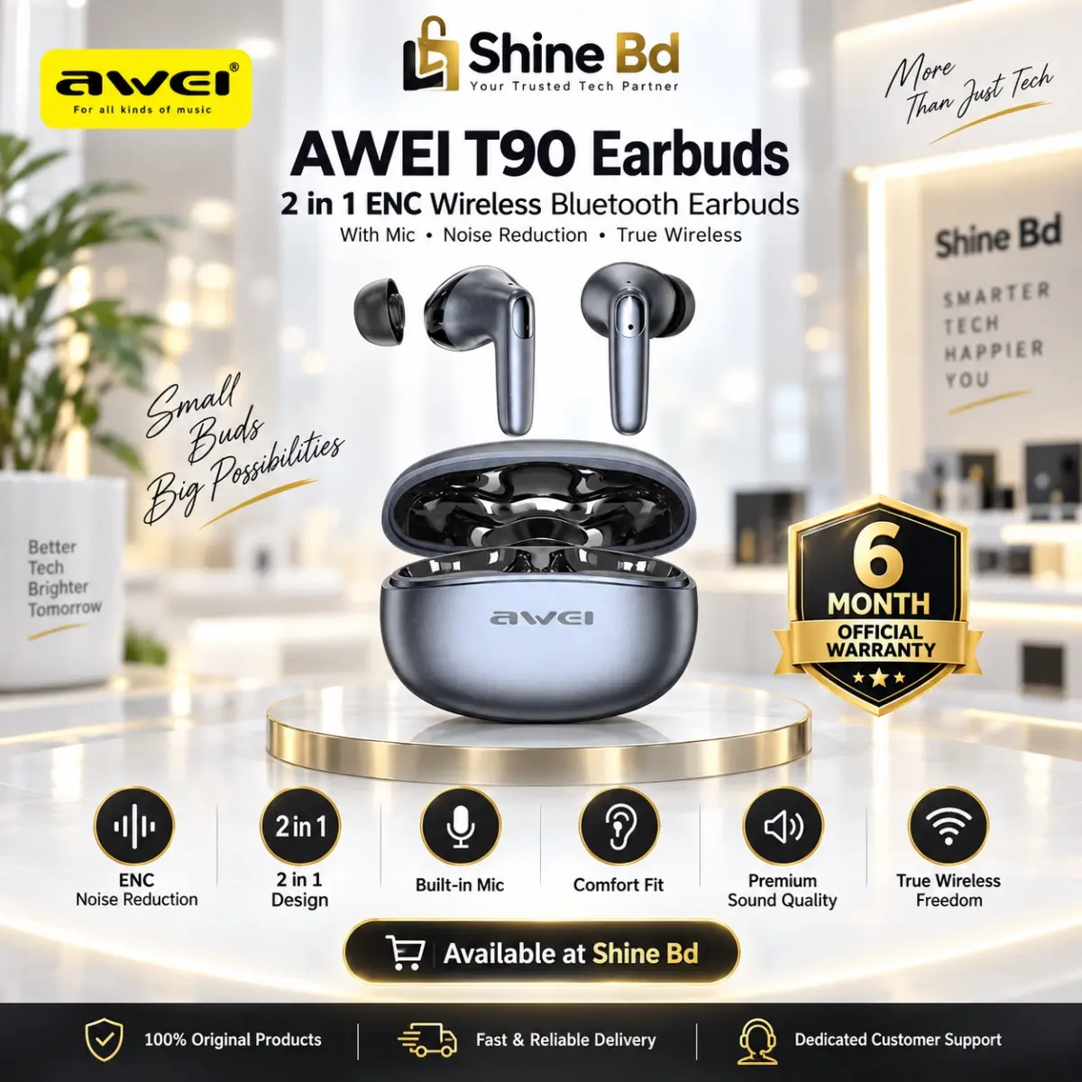 Awei T90 2 in 1 ENC Wireless Bluetooth Earbuds With Mic Noise Reduction Headphones ( 6-Month Official Warranty)