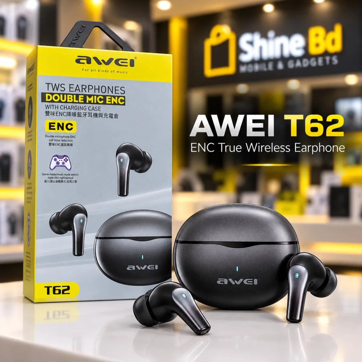 AWEI T62 ENC True Wireless Earphone Double MIC ( 6 Month Official Warranty )