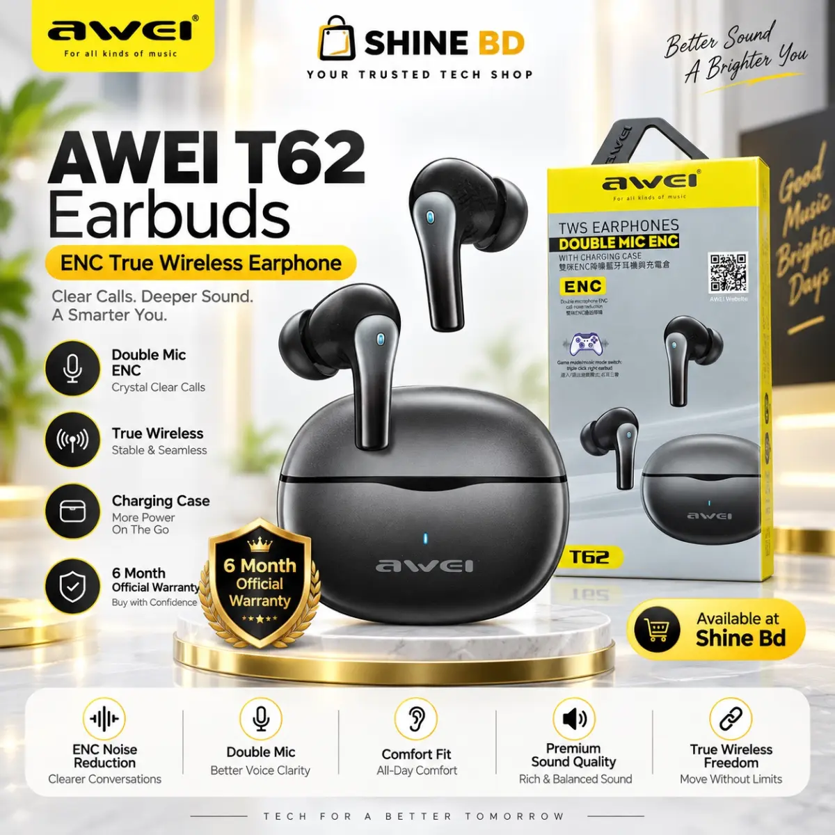 AWEI T62 ENC True Wireless Earphone Double MIC ( 6 Month Official Warranty )