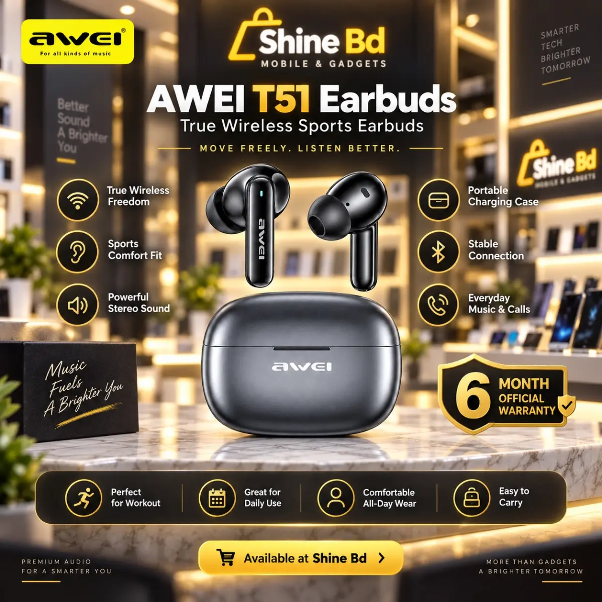 Awei T51 True Wireless Sports Earbuds ( 6-Month Official Warranty )