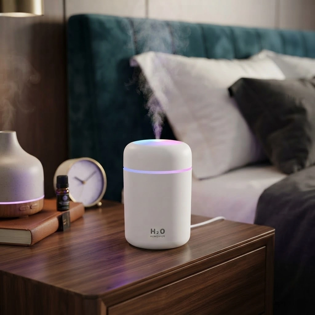 USB Non Rechargeable Mini Air Humidifier for Bedroom – High Power, Ultra-Quiet, with Color Lights (H2O)
