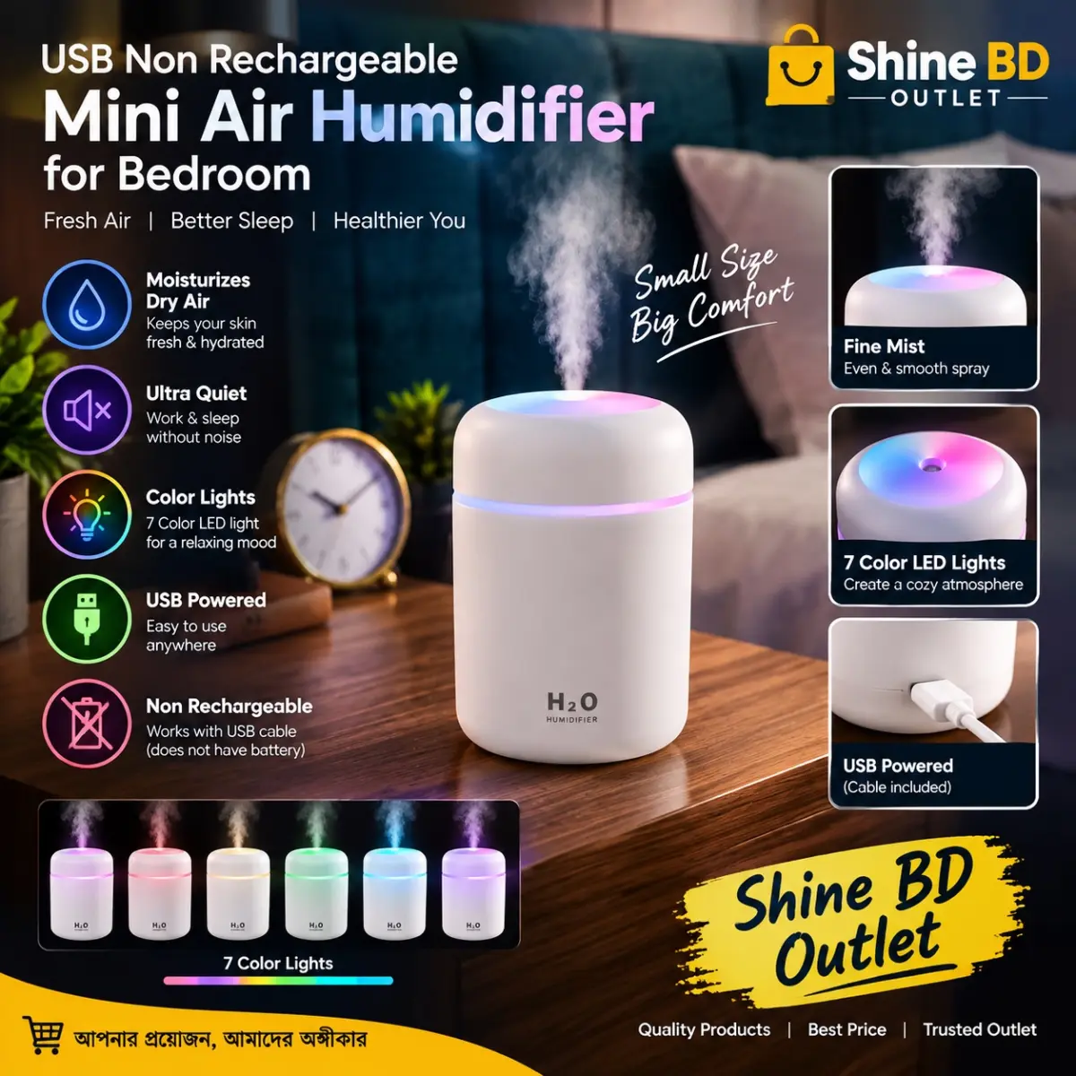 USB Non Rechargeable Mini Air Humidifier for Bedroom – High Power, Ultra-Quiet, with Color Lights (H2O)