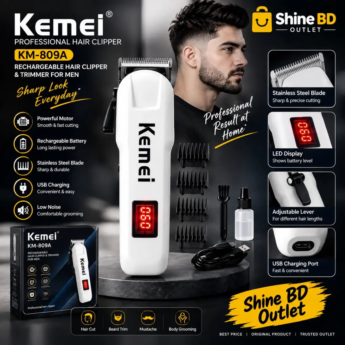 Kemei KM-809A Rechargeable Hair Clipper and Trimmer for Men