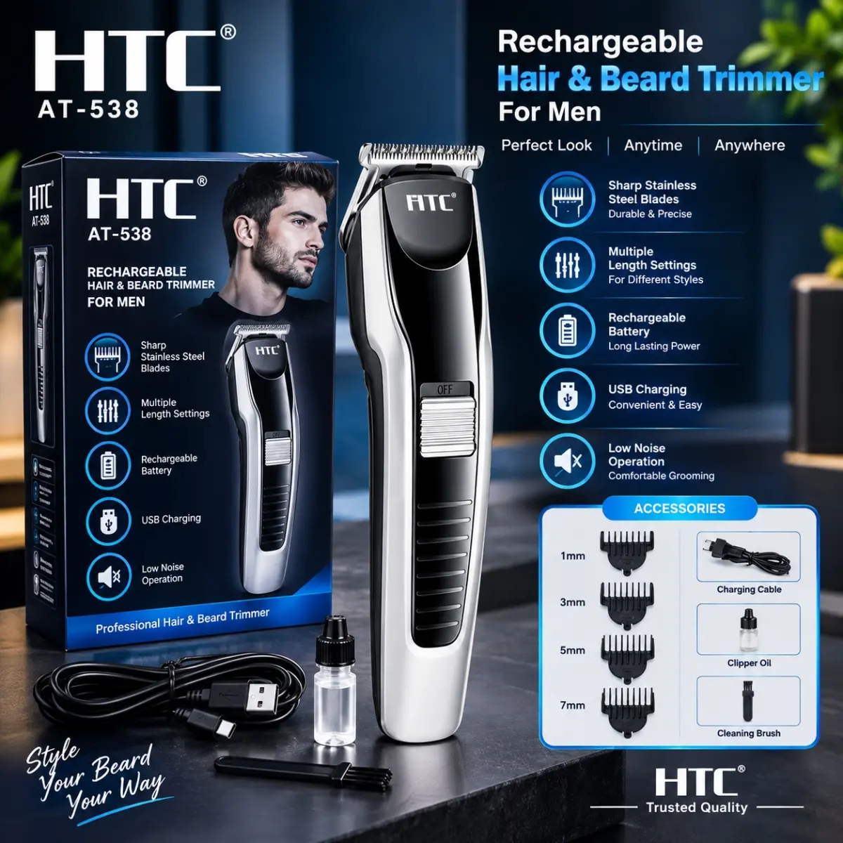 HTC AT-538 Rechargeable Hair and Beard Trimmer For Men
