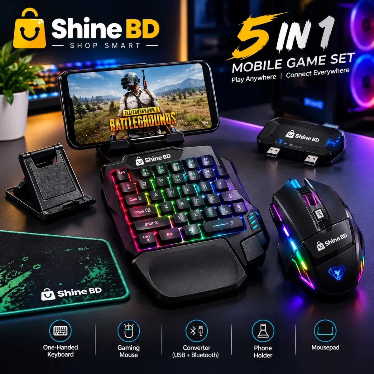 5 In 1 Combo Gaming Keyboard And Mouse Wireless Bluetooth For PC Smartphone PUBG Mobile Game Accessories