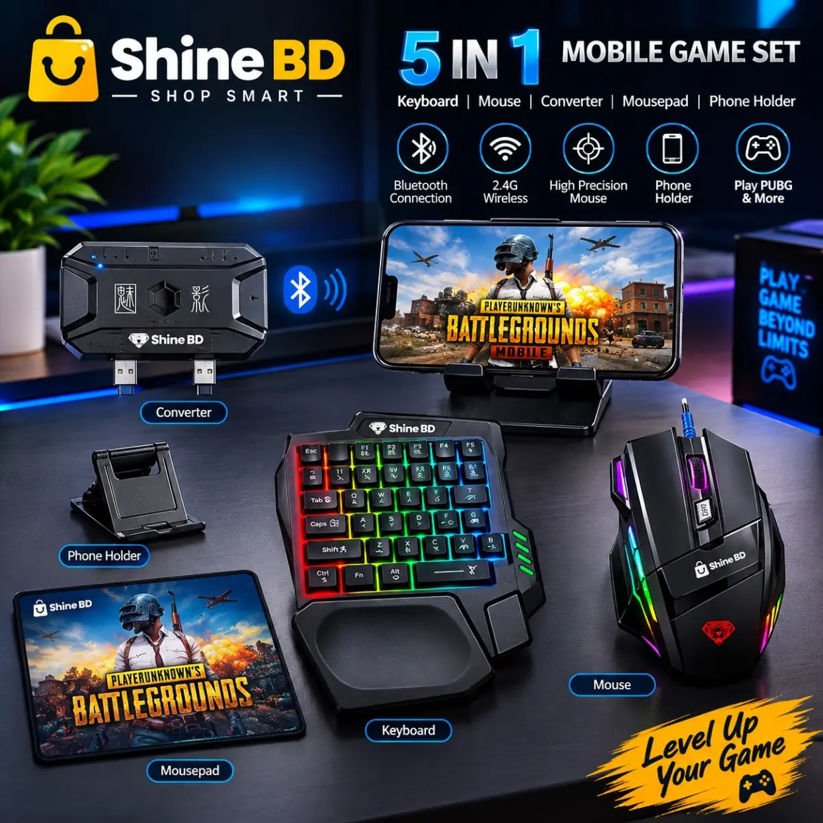 5 In 1 Combo Gaming Keyboard And Mouse Wireless Bluetooth For PC Smartphone PUBG Mobile Game Accessories