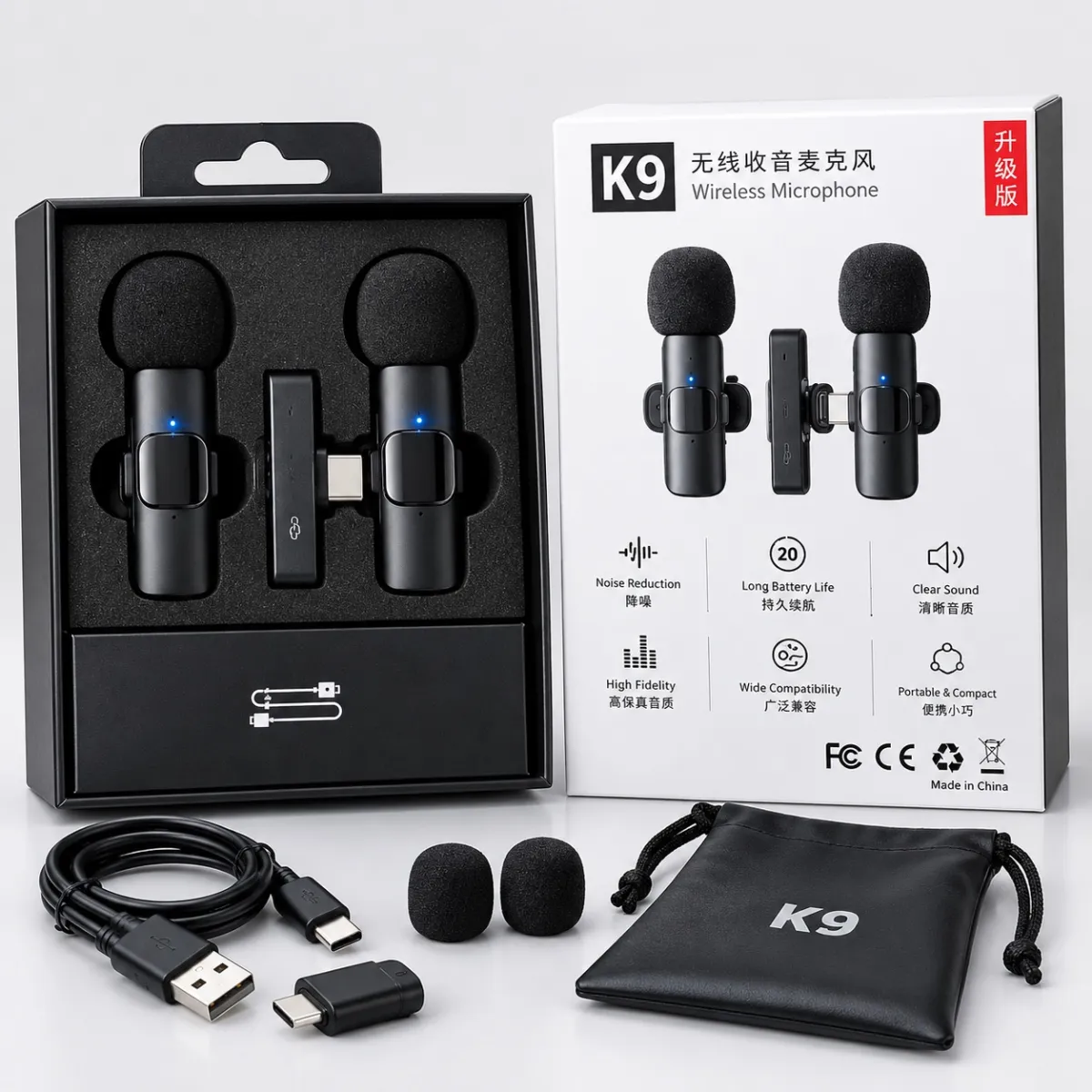 K9 Wireless Dual Microphone Professional Lapel Lavalier Microphone Remove Noise For Type C+Apple