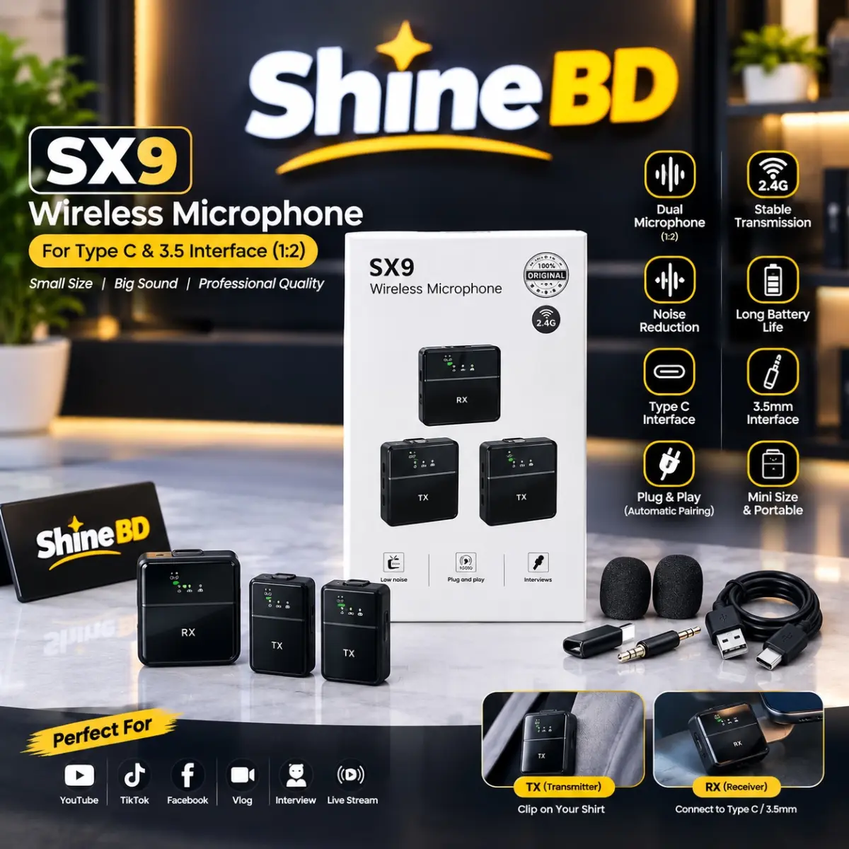 SX9 Dual Mini Wireless Microphone For Type C & 3.5 Interface (1:2)