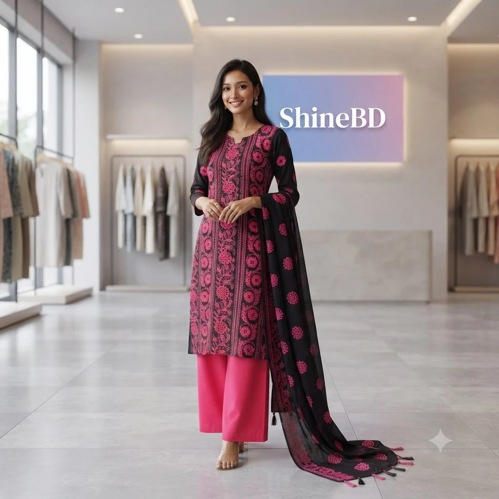 পিওর এসি কটন কাপড়ের সেমি স্টিচ থ্রী পিস