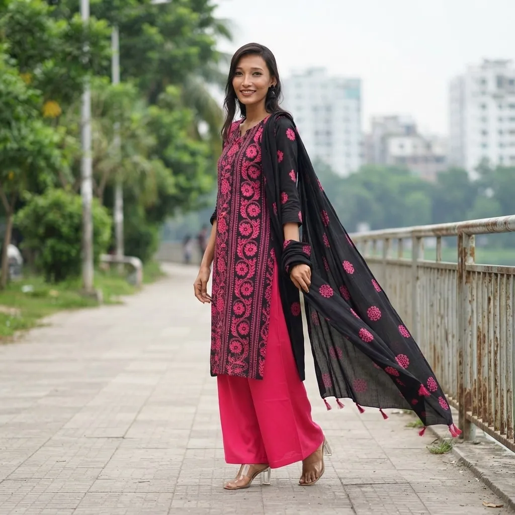 পিওর এসি কটন কাপড়ের সেমি স্টিচ থ্রী পিস