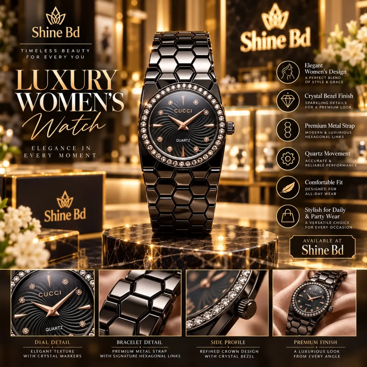 Elegant Golden Ladies Quartz Watch with Crystal Bezel – Premium Bracelet Design (White Dial)